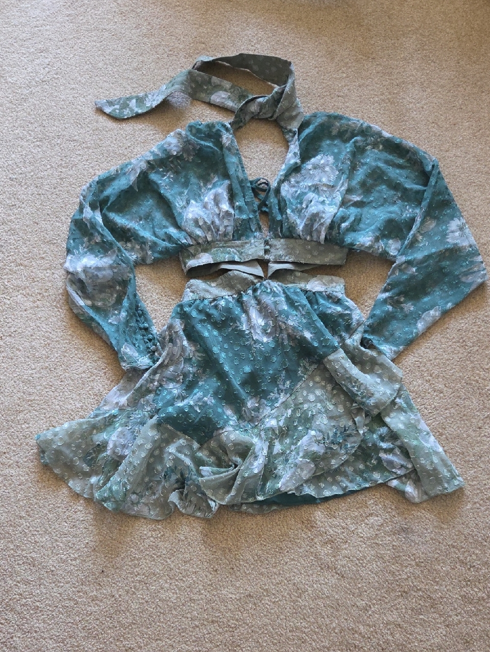 ASOS Textured Mixed Green Mini Dress Floral Sz 4 Wedding Festival Party Flowy